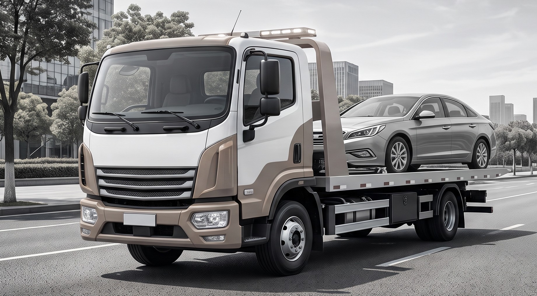 Caminhão-plataforma moderno transportando um automóvel